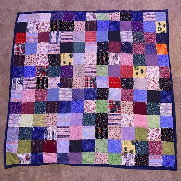 Handmade Other - Vintage Handmade Patchwork Postage Stamp Quilt 48x48 Blue Colorful Unisex